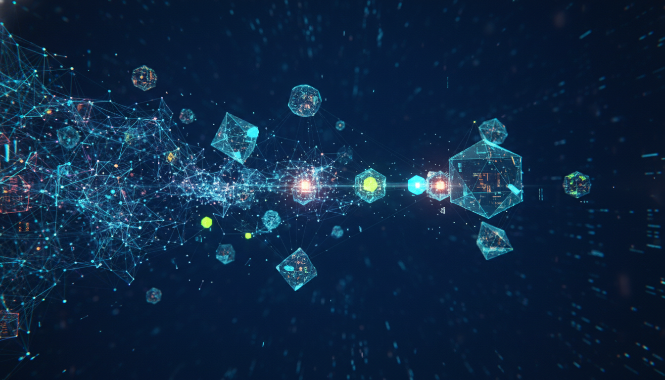 A photorealistic, high-tech visualization of a digital neural network transforming into distinct, glowing geometric agents that are interacting with one another in a vast dark blue cyberspace, symbolizing the shift from static data to active agents.