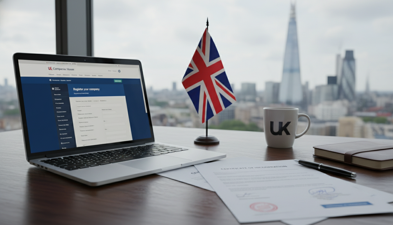 A photorealistic, high-quality image of a modern office desk with a laptop screen showing the UK Companies House website registration page. Beside the laptop are official documents stamped 'Certificate of Incorporation' and a small Union Jack flag. The background features a blurred view of the London skyline, emphasizing a professional business atmosphere.