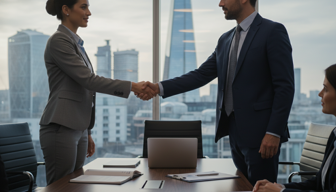 A photo-realistic image of a professional business consultation meeting in a modern London office with a view of the city skyline including the Gherkin or the Shard. A consultant in a sharp suit is shaking hands with an international client over a sleek desk with documents and a laptop, symbolizing a successful partnership. Soft, professional lighting.