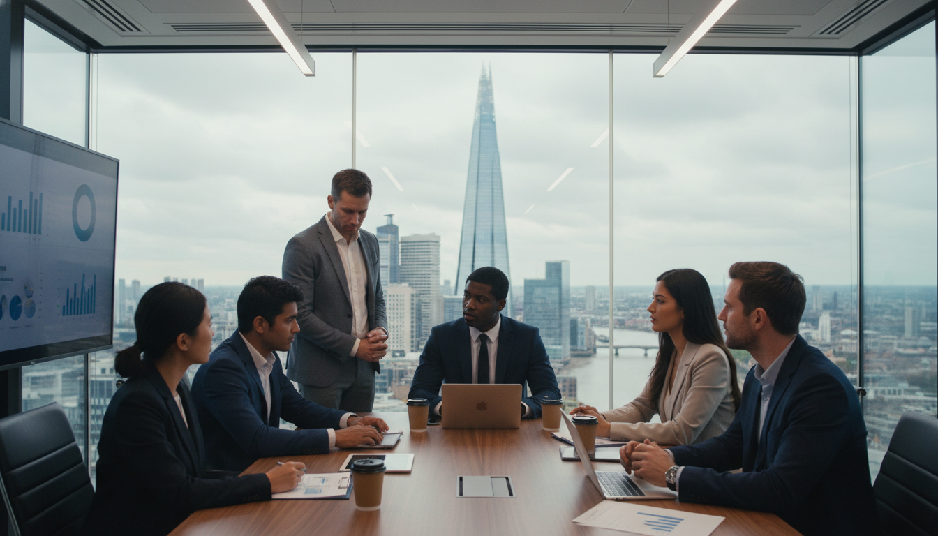 A diverse group of professional expat entrepreneurs having a strategic meeting in a modern, glass-walled office in London with the Shard and city skyline visible in the background, cinematic lighting, ultra-realistic, 8k resolution, business attire, serious and focused atmosphere
