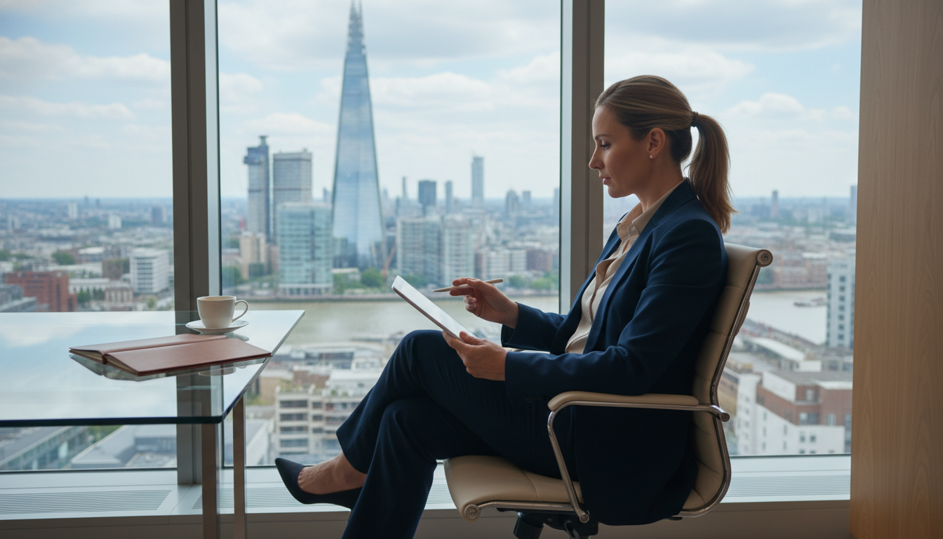 A photorealistic image of a professional expatriate entrepreneur sitting in a modern high-rise office in London, reviewing business contracts on a tablet. Through the floor-to-ceiling window, the iconic London skyline including The Shard and The Gherkin is visible in soft daylight. The atmosphere is corporate, focused, and sophisticated.