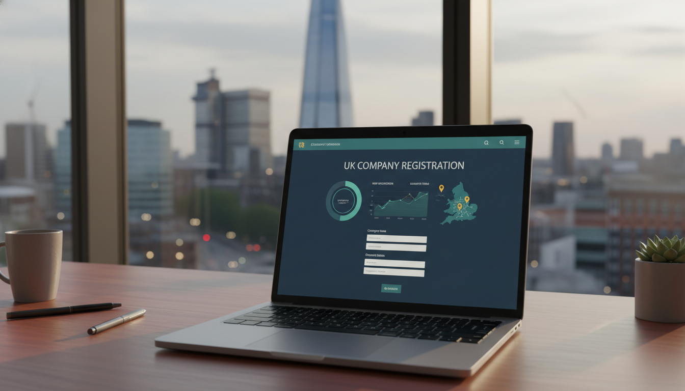 A high-resolution, photorealistic image of a modern, sleek laptop on a mahogany desk in a London office setting, displaying a digital dashboard for UK company registration. In the background, a blurred view of the London skyline including the Shard through a glass window, symbolizing international business success. Soft, professional lighting.
