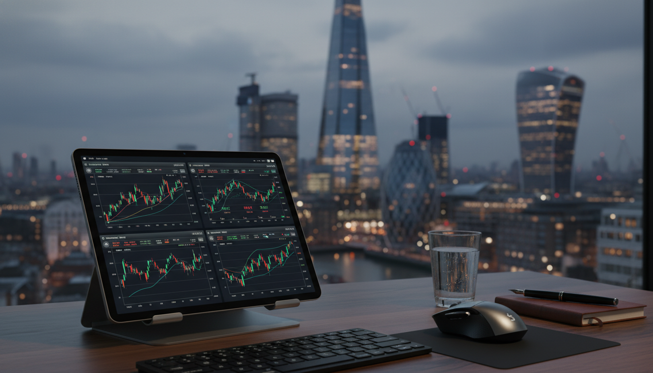 A high-end, professional workspace featuring a tablet displaying complex financial charts and a blurred background of the London skyline including the Shard and the Gherkin, photorealistic, cinematic lighting, 8k resolution, symbolizing international business success.