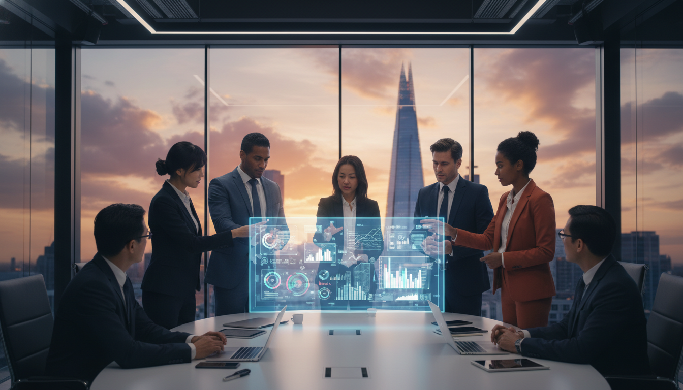 A photorealistic image of a diverse group of international entrepreneurs presenting a holographic pitch deck in a modern, glass-walled conference room in London. The Shard and the City of London skyline are visible in the background during the golden hour. The atmosphere is professional and intense, highlighting a high-stakes business meeting.