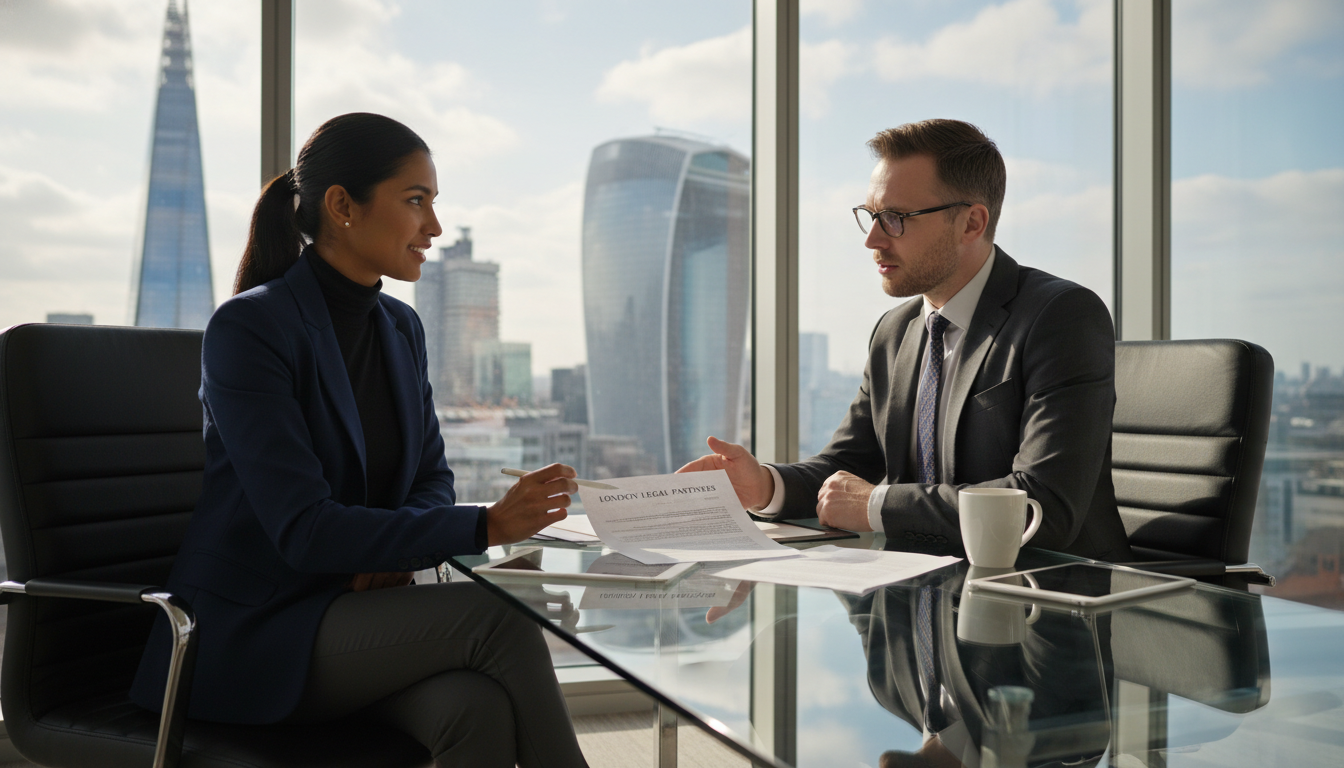 A photorealistic image of a diverse expatriate entrepreneur in a modern London office, sitting at a glass conference table reviewing a business contract with a professional solicitor. Through the floor-to-ceiling windows, the London skyline with the Shard and the Gherkin is visible in the background. The lighting is natural and professional, highlighting the serious yet positive nature of the business meeting.