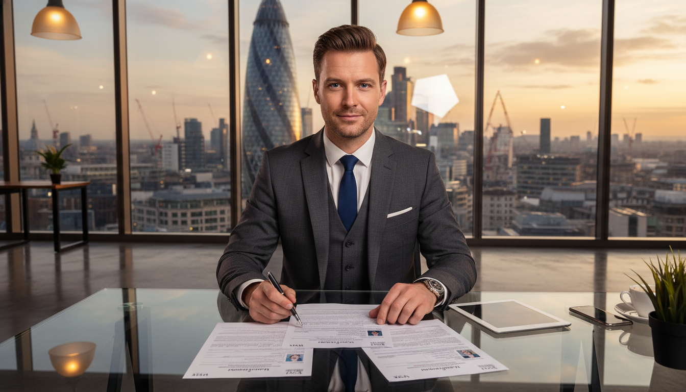 A photorealistic image of a professional expat entrepreneur in a tailored suit, sitting at a glass desk in a modern London skyscraper office, reviewing visa application documents with a view of the City of London skyline and the Gherkin in the background, warm lighting, high resolution.