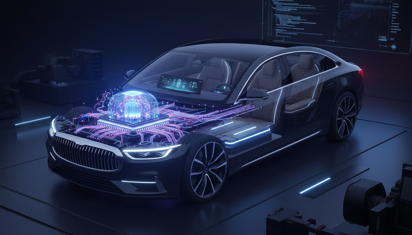A photorealistic cutaway view of a modern luxury electric sedan, highlighting a glowing, centralized digital nervous system and processor core instead of a traditional engine, symbolizing the software-centric architecture against a dark, high-tech studio background.